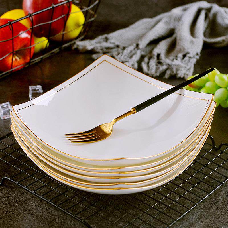 景德镇金边骨瓷盘子套装 家用欧式8英寸深盘子创意陶瓷翘脚汤盘