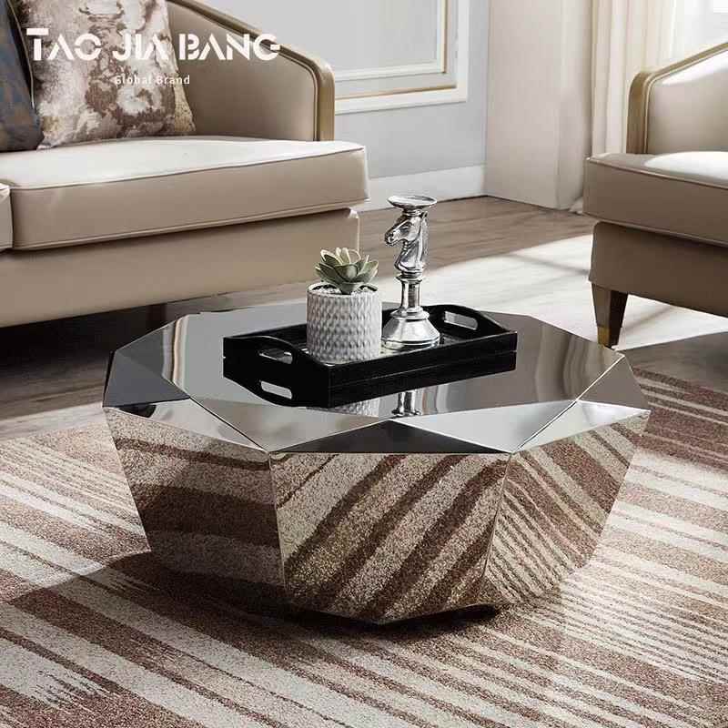 轻奢现代极简异形不锈钢钻石茶几客厅家用意式沙发天然大理石茶几