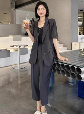 韩国女夏季大尺码灰色薄款垂感短袖西装套装休闲 西服九分裤显瘦