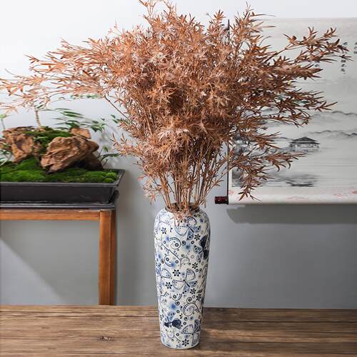 35CM高景德镇陶瓷青花花瓶家居摆件样板房金边花器瘦萝卜手工花瓶