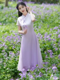 淡紫色奥黛旗袍裙2024年夏季雪纺日常可穿气质改良连衣裙年轻