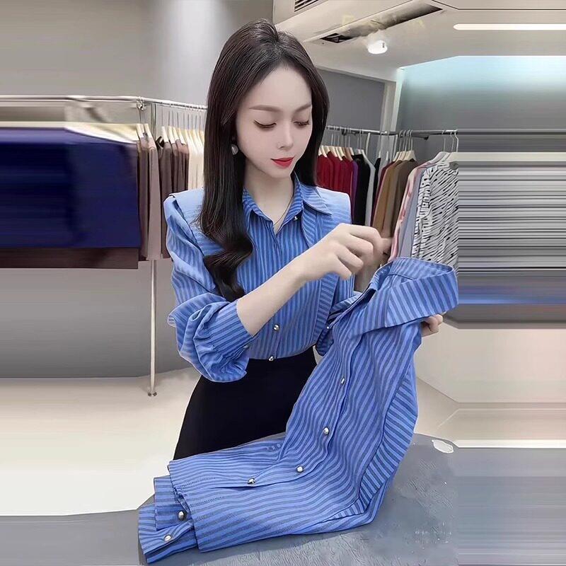 好货韩系蓝色条纹长袖衬衫女秋季新款高级感翻领洋气百搭宽松显瘦