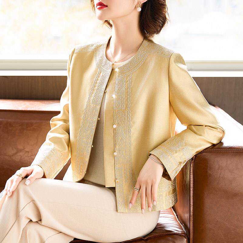 新中式妈妈春装桑蚕丝外套2025新款中老年女春秋国风刺绣真丝上衣