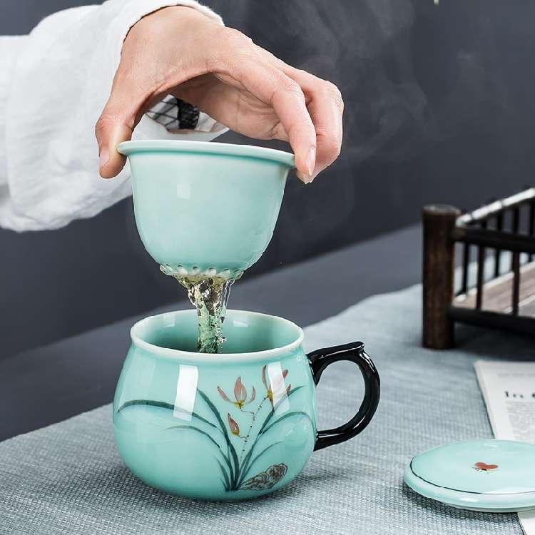 青瓷茶杯陶瓷单个带盖过滤茶水分离泡茶杯办公室杯子家用会议杯子