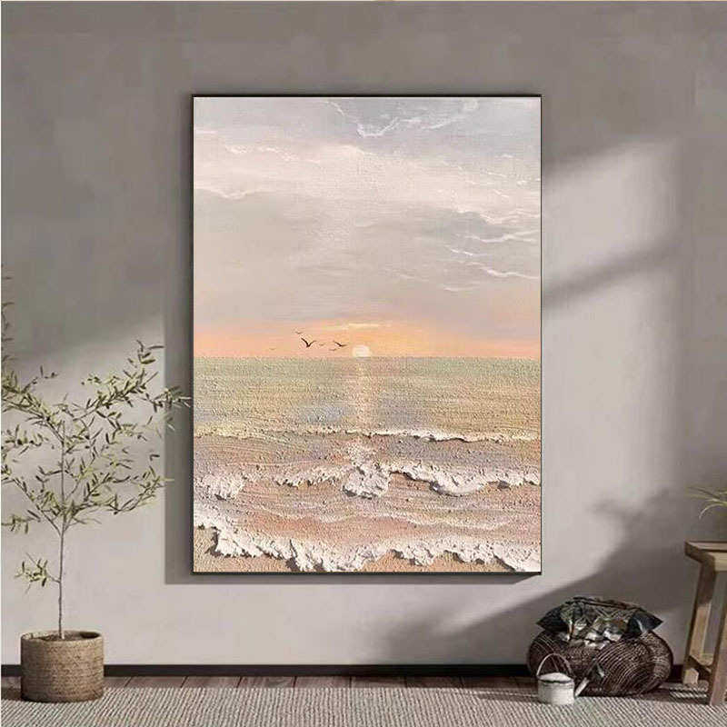 海景轻客厅纯背景奶油手绘风景墙卧室油画壁画装饰画奢风现代日出