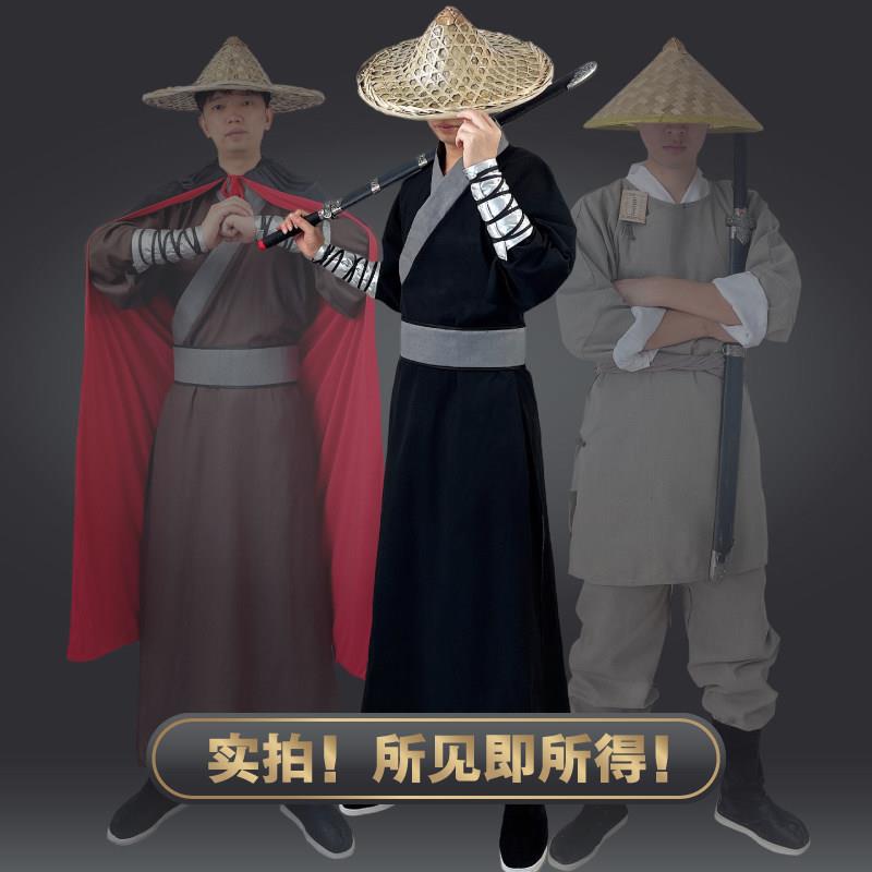 古装大侠演出服戎装缘江湖风刺客服装汉服风棉麻长款斜襟男装