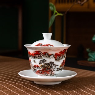 鸿运当头釉下手绘健康盖碗齐白石嫡传人刘培竹高档主人杯普洱茶杯