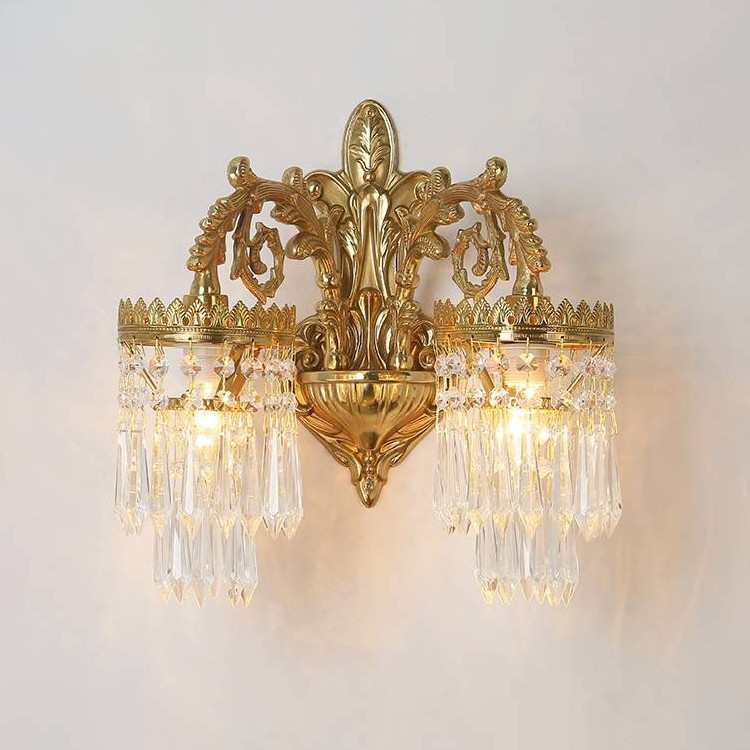 法式全铜壁灯水晶卧室别墅床头楼梯墙灯复古欧式奢华黄铜客厅壁灯