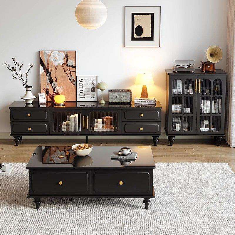 美式复古电视柜茶几组合客厅家用简约现代新款黑色中古电视柜边柜
