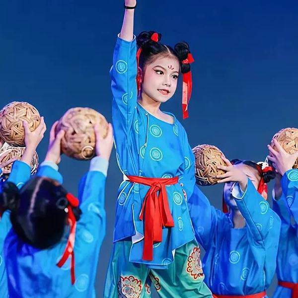 蹴鞠乐儿童古典舞演出服汉服男女童唐装圆领袍古装幼儿舞蹈表演服