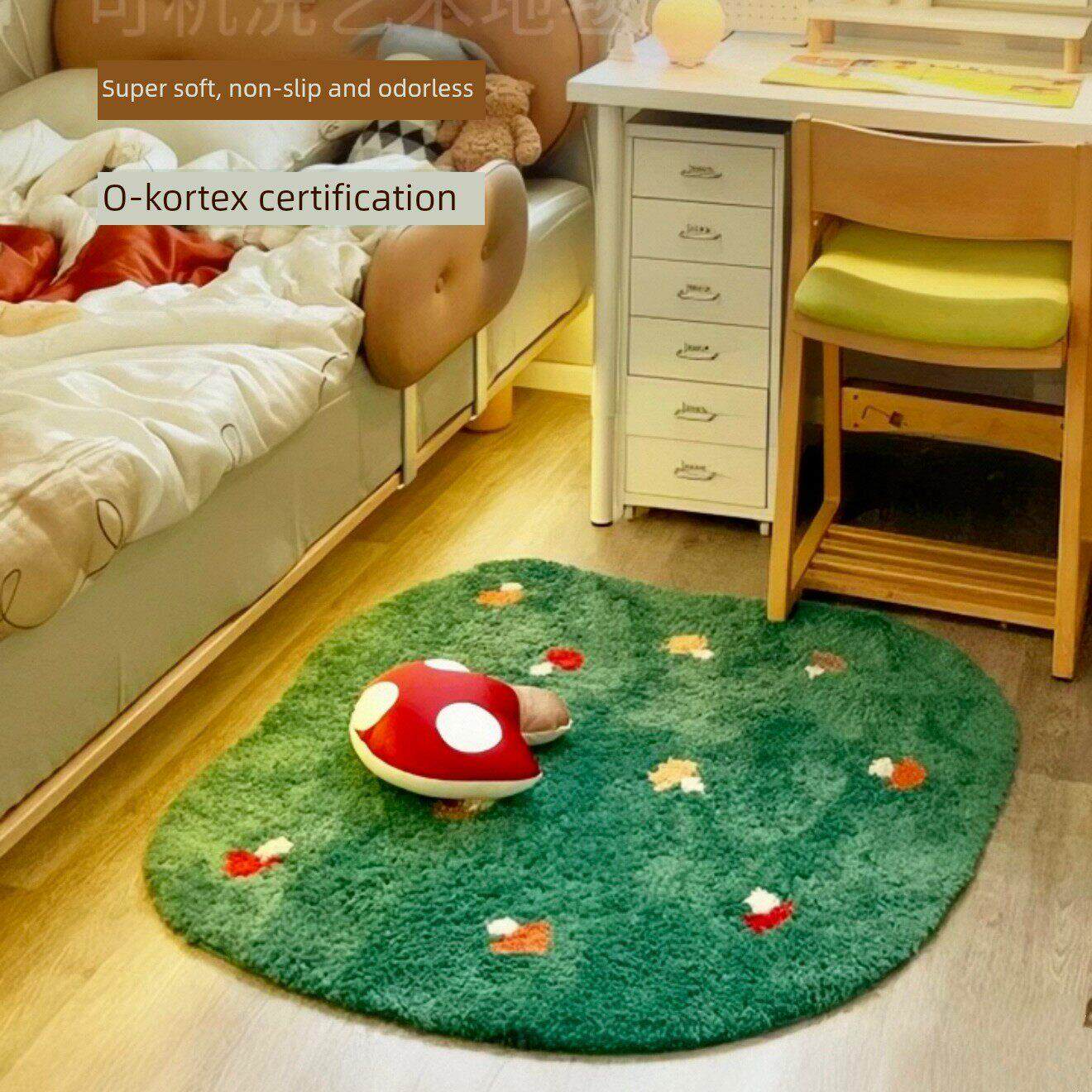睡意猫•可爱蘑菇森林绿色防滑超软地毯卧室床边儿童房地板垫客厅