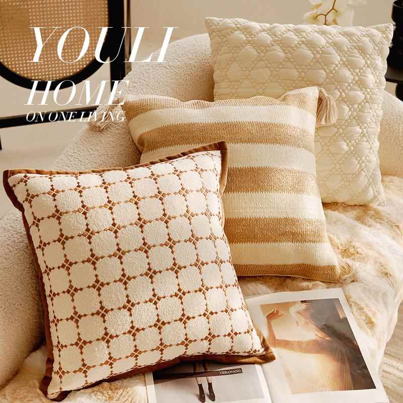 棕色复古奶油色轻奢客厅沙发抱枕套法式米色中古靠枕高级床头靠垫