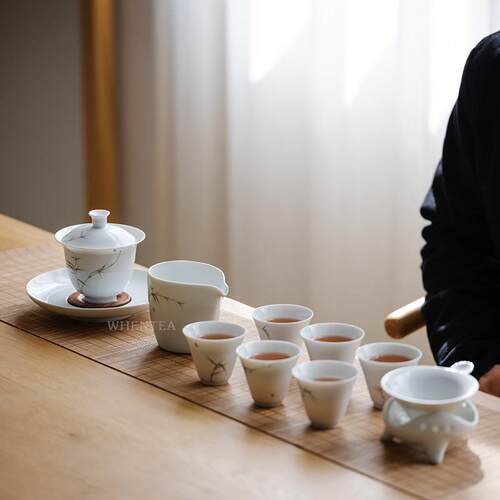 闻说|景德镇市青竹功夫茶具套组纯手绘整套高档白瓷陶瓷盖碗茶杯