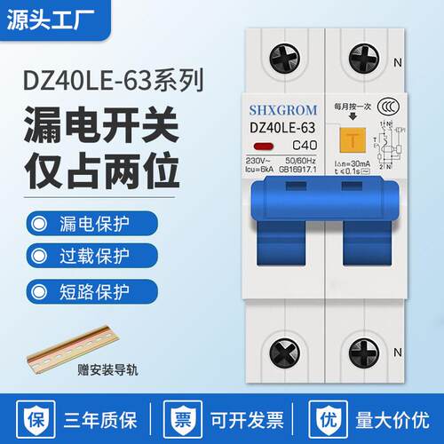 两位漏电保护器双线空开断路器2P63A32充电桩漏保220家用空气开关