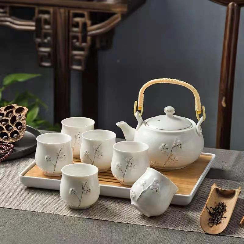 提梁壶茶具套装家用陶瓷景德镇手工描金大号茶壶茶杯简约送礼托盘