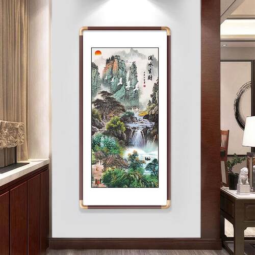 新中式玄关装饰画中式实木榫卯圆角壁画入户进门墙过道迎客松挂画