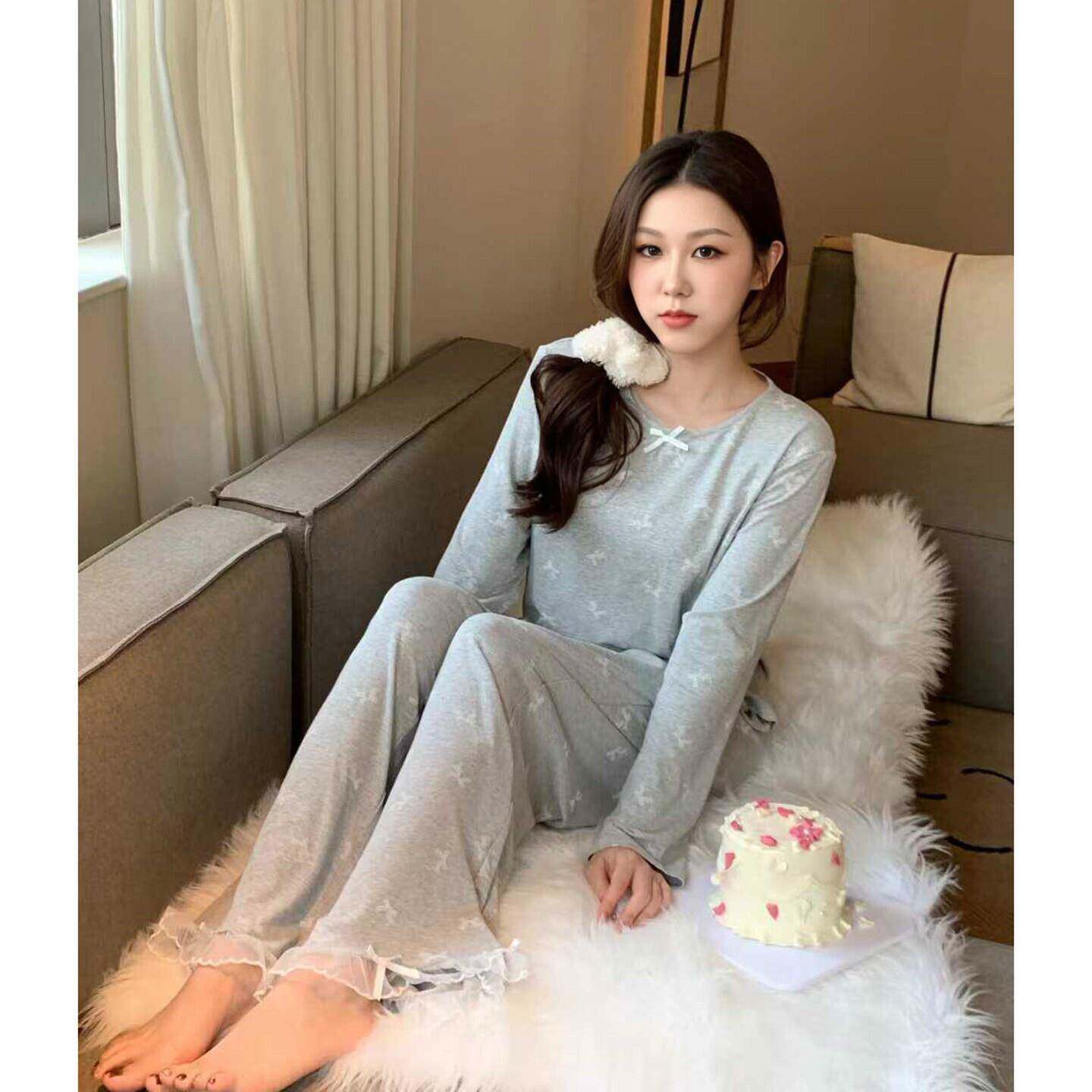 韩版甜美风蝴蝶节印花圆领套头纯棉睡衣女春季外穿长袖长裤家居服