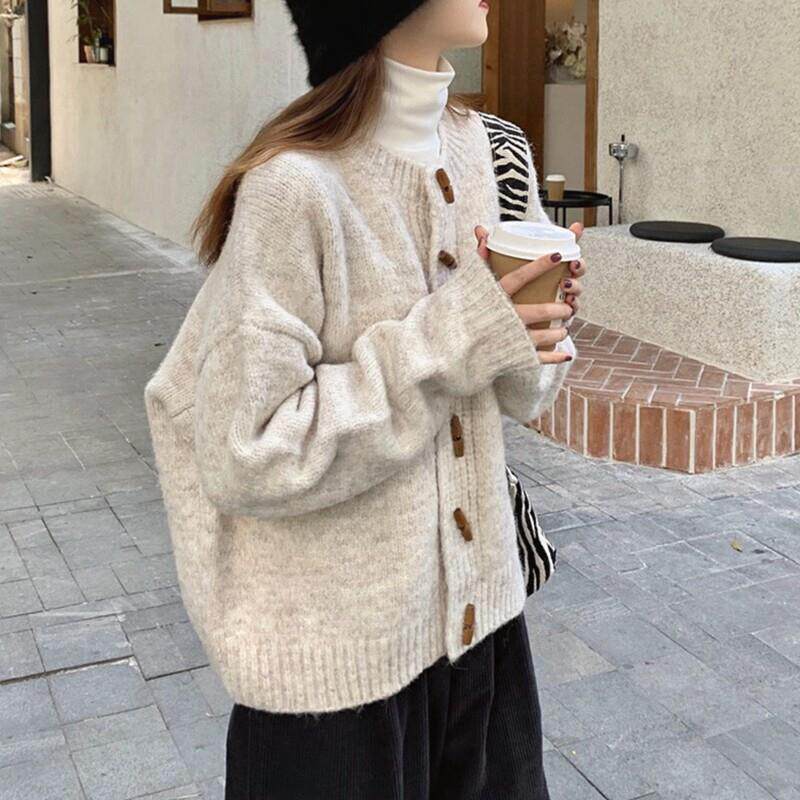 针织开衫女士秋冬服装2025新韩国风格宽松覆古慵懒风格短外穿圆领