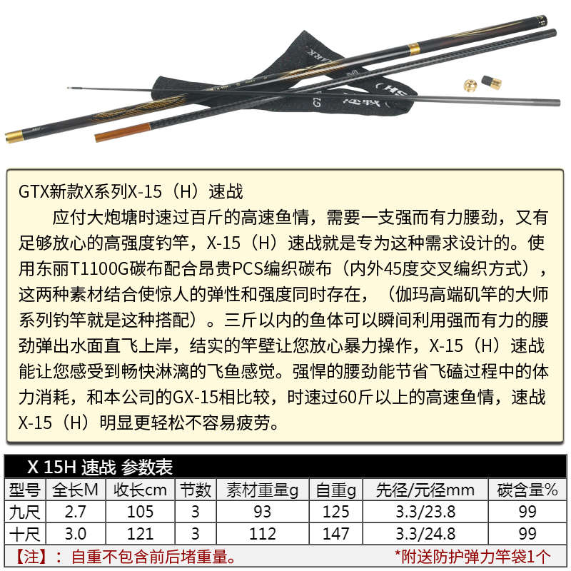 GTX【X-15H速战】超轻硬碳布S-SVF素材振出台钓竿竞技黑坑大炮塘
