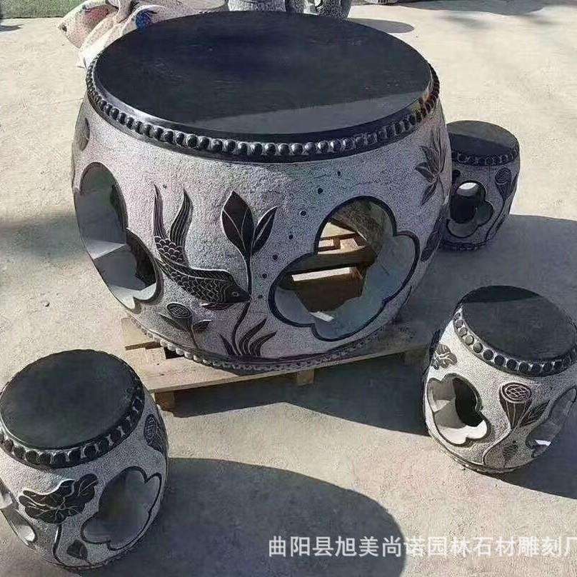 古建石雕仿古圆桌圆凳雕花纳凉石桌户外花园石桌石凳摆件