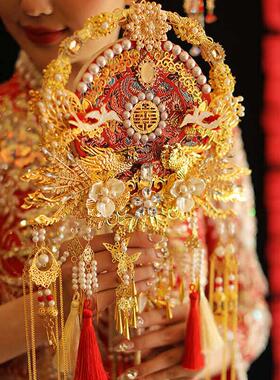 红色金色双面团扇新娘结婚diy材料包扇子出嫁秀禾高级感喜扇成品
