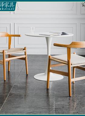 北欧现代简约风格家用餐厅客厅酒店民宿实木编绳餐椅书桌椅牛角椅