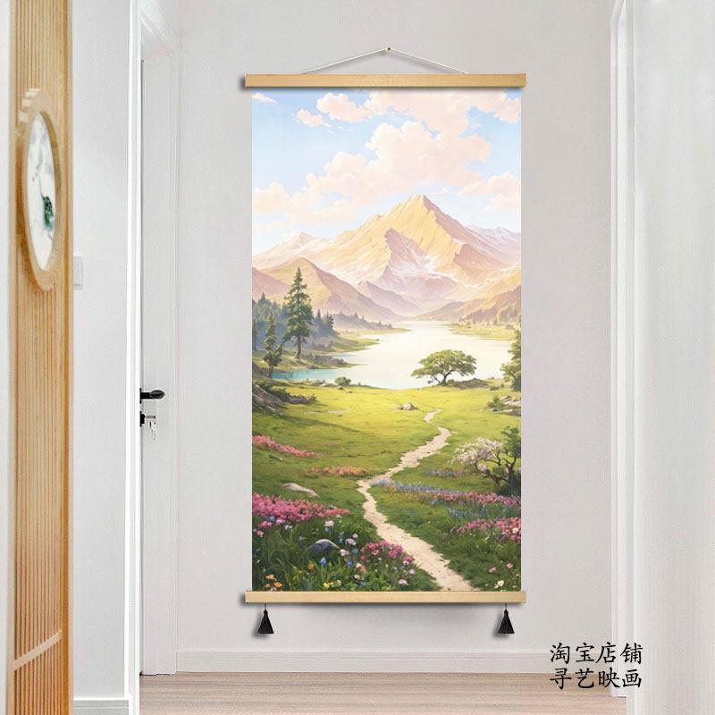 奶油风日照金山入户玄关装饰画聚宝盆过道风景油画山水画布艺挂画
