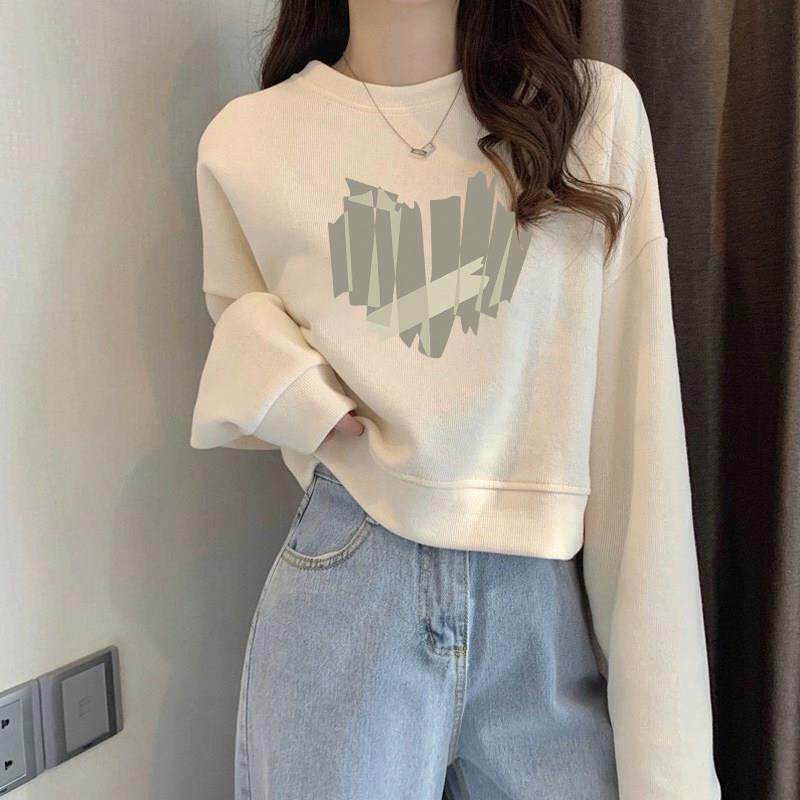 韩国圆领套头短款卫衣女加绒加厚长袖上衣高腰显瘦小个子春秋薄款