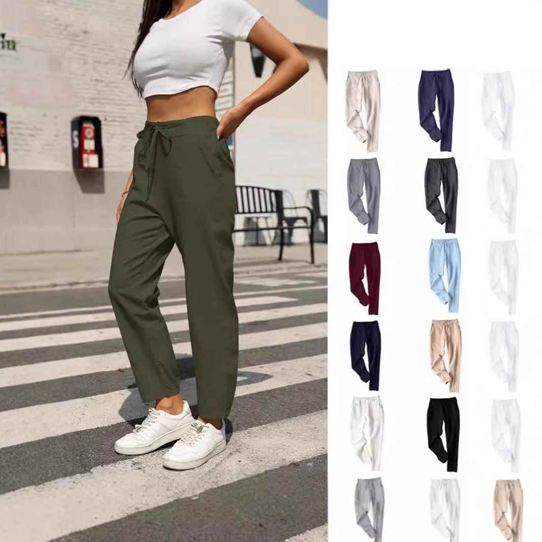 slim-fitting casual cotton linen elastic and Womens