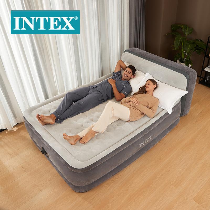 INTEX64448豪华靠背线拉双人充气床内置电泵植绒折叠便携床