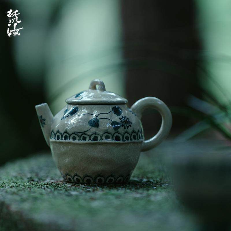 梵汝日式青花纯手绘上菊瓣布里壶文人釉下彩泡茶手执壶单壶一人用