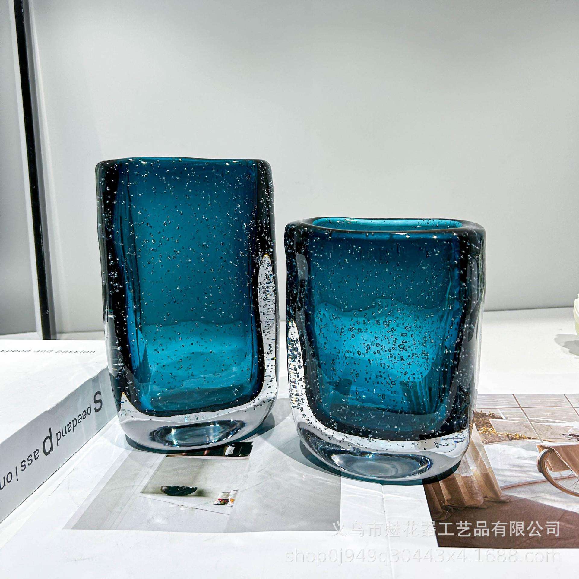 新款直销高档轻奢蓝色水晶气泡花瓶摆件客厅插花创意玻璃创意透明