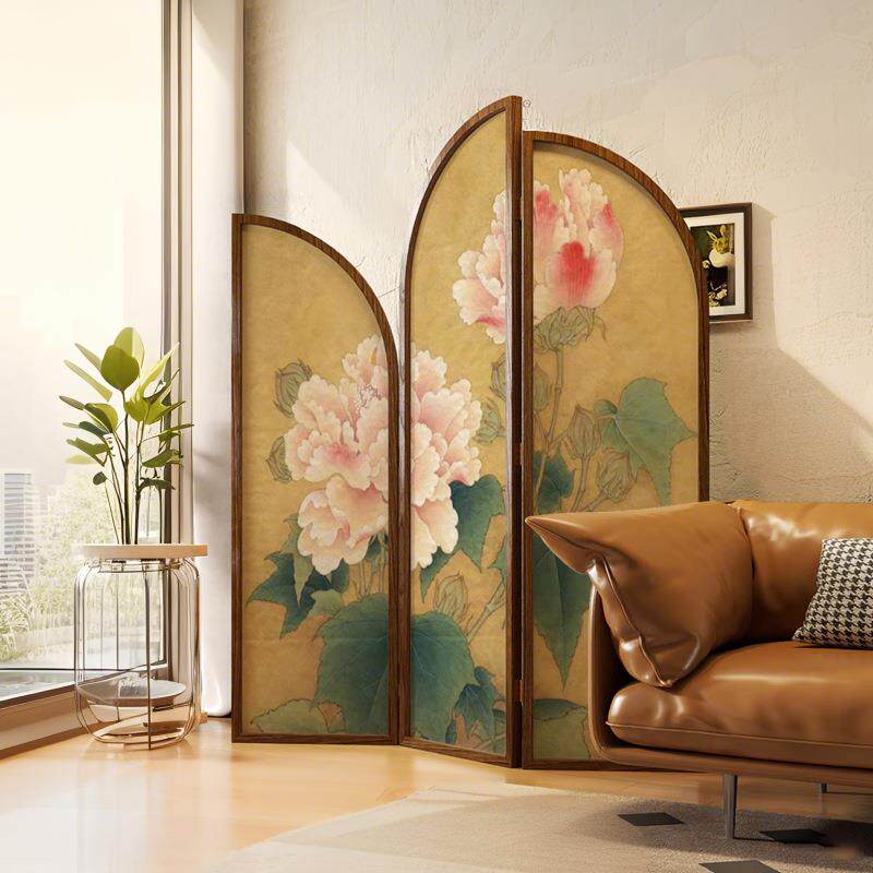 实木花鸟弧形屏风隔断客厅玄关移动折叠新中式茶室餐厅卧室隔断画