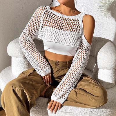 Women ' s Solid Color Hollow Out Crop Cover Up Top , Swimsui