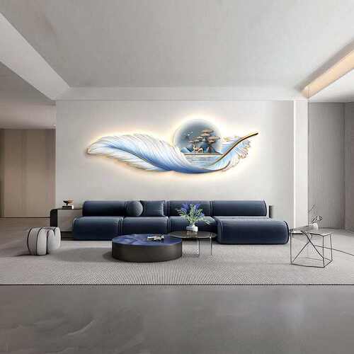 轻奢羽毛温馨带LED挂画客厅装饰画灯画沙发背景墙壁画卧室床头画