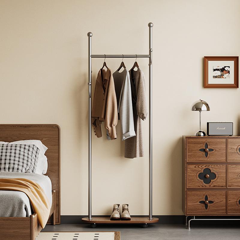 中古风简易衣帽架实木挂衣架卧室客厅衣架家用收纳架铁艺落地移动