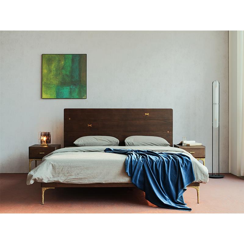 北欧实木双人床轻奢工业风铁艺金色现代简约表情复古做旧橡木单床