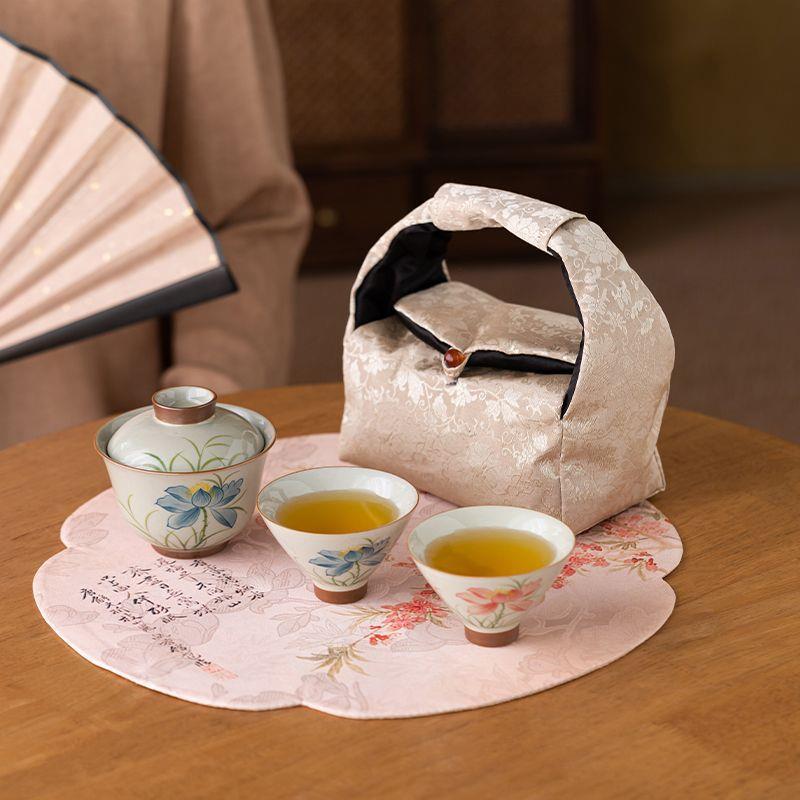 手绘荷花旅行茶具一壶二杯带包户外泡茶套装便携式泡茶小套茶具