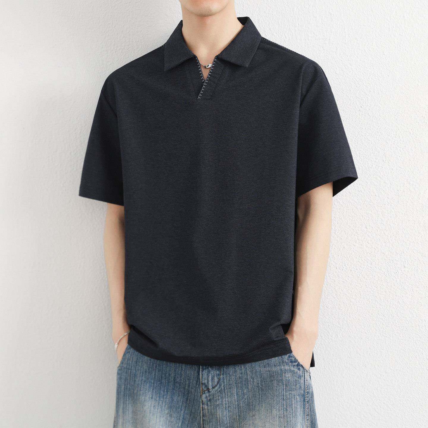 V领短袖Polo衫男士夏季新薄款宽松翻领半袖上衣休闲纯色t恤男潮