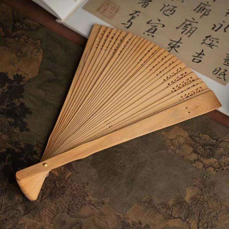 太行崖柏苏扇摆件天然崖柏雕刻花纹苏扇文玩扇子家居客厅饰品摆件