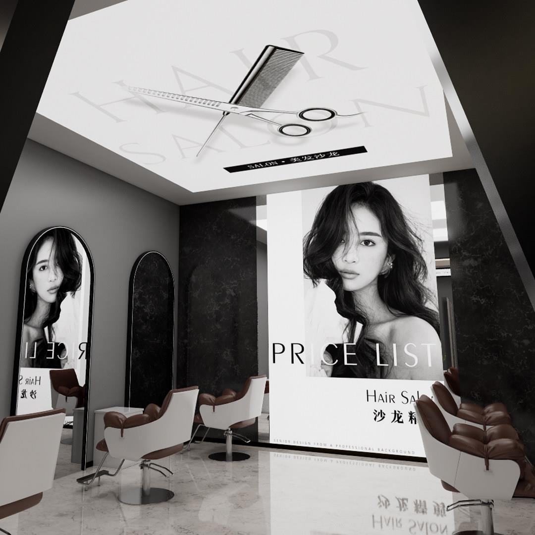 高级美发店软膜灯箱男士理发店发型设计美业工作室天花吊顶广告牌