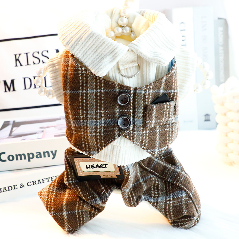 秋冬装小狗衣服四脚帅气格子雨衣