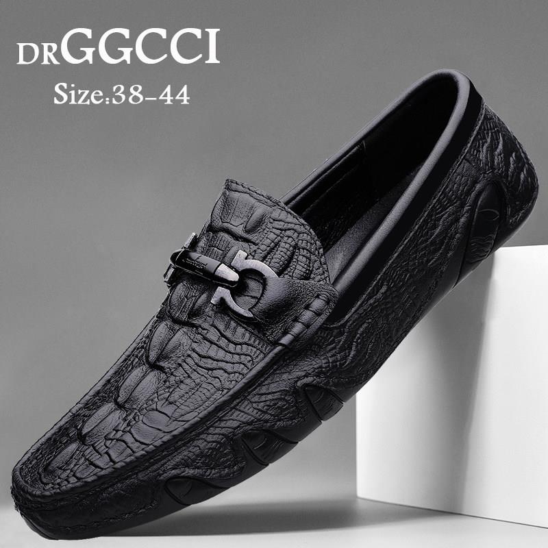 DRGGCCI鳄鱼纹真皮豆豆鞋男秋季新款英伦风透气软底软皮休闲皮鞋