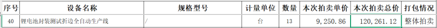 12月28日鹤岗锂电池封装测试折边全自动生产线13台整体网络拍卖公告