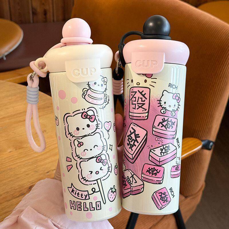 发财猫卡通图案保温杯女颜值大容量学生吸管杯外出便携提绳水杯