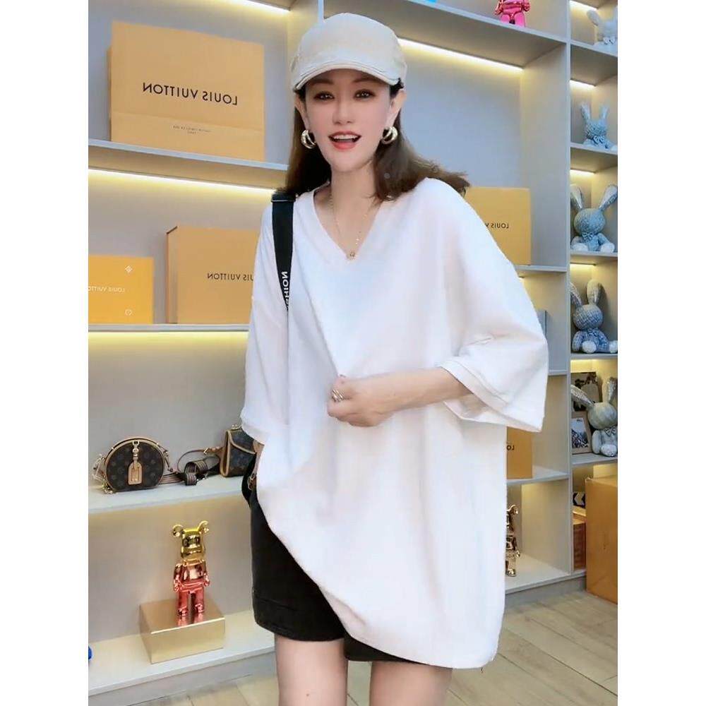 玫粉色V领半袖T恤女夏季欧货大版胖mm慵懒风宽松显瘦中长版上衣