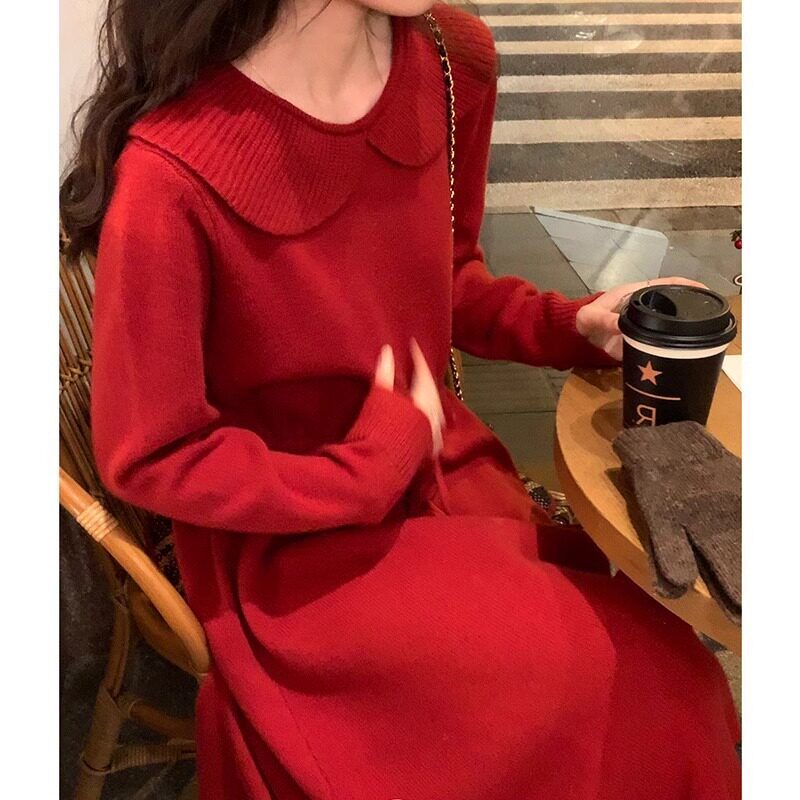 欧洲站红色针织连衣裙女秋冬季赫本小红裙订婚礼服配大衣打底裙子
