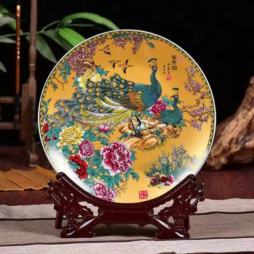 富贵图孔雀牡丹花摆件景德镇陶瓷器看盘中国风家居办公装饰礼品