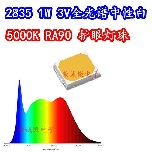 2835全光谱RA98高显指植物高亮1W3V中性白5000K太阳光护眼LED灯珠