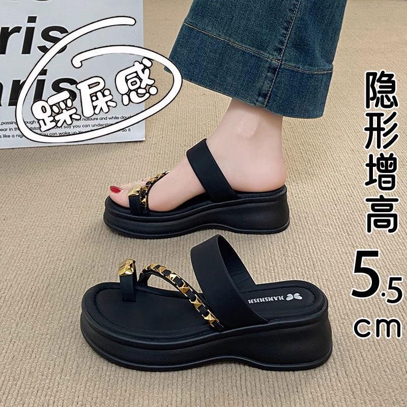 香港真皮松糕厚底套趾凉拖鞋女夏外穿2025新款坡跟增高配裙沙滩鞋